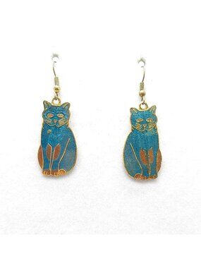 Cat Themed Vintage Blue Enamel Gold Tone Drop Earrings With Fishhook Backs